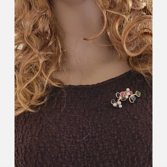 14k Gold Multi Gemstone Pearl Pendant Brooch-Designer Estate Jewelry 12 gm - Picture 3 of 12